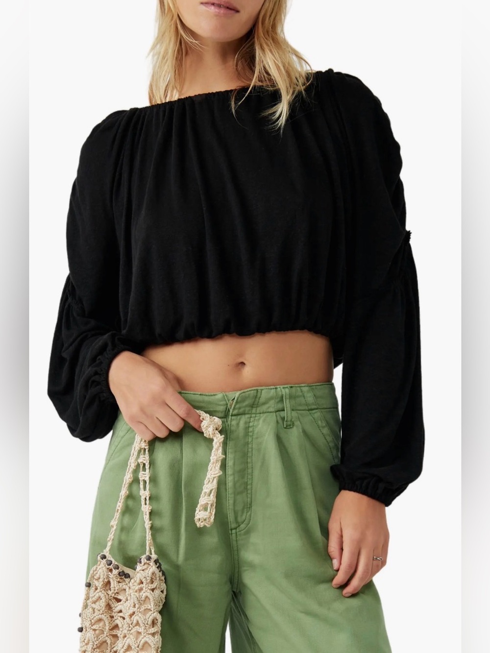 NWT Free People In A Dream Top Black Linen Blend Crop Blouson Sleeve L
